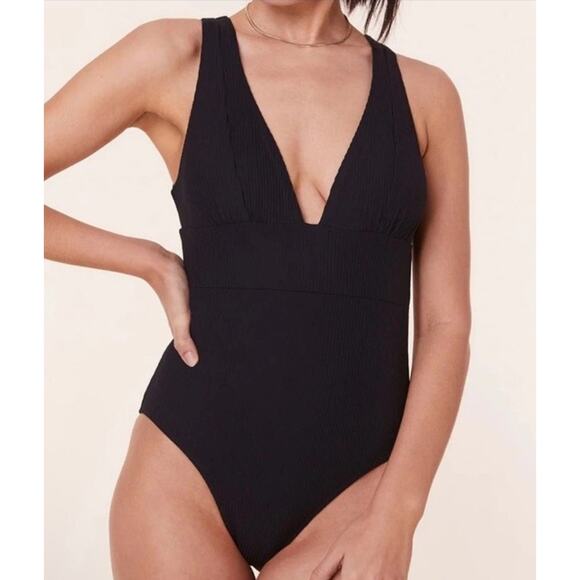 Andie Swim The Mykonos Rib One Piece Long Torso Swimsuit Black size M Tall NEW - Picture 1 of 16